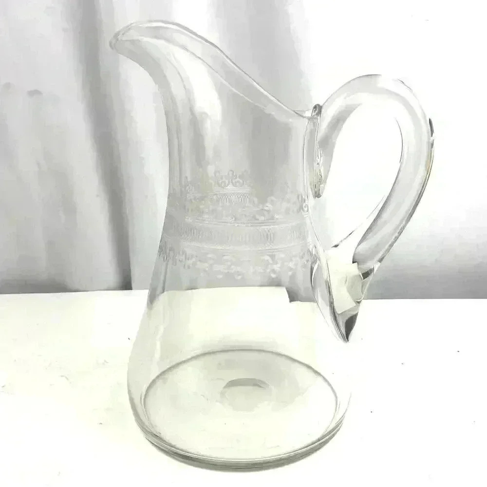 Hand Blown Crystal Etched Glass Pattern 9½" Pitcher Open Lip Applied‎ Handle MCM